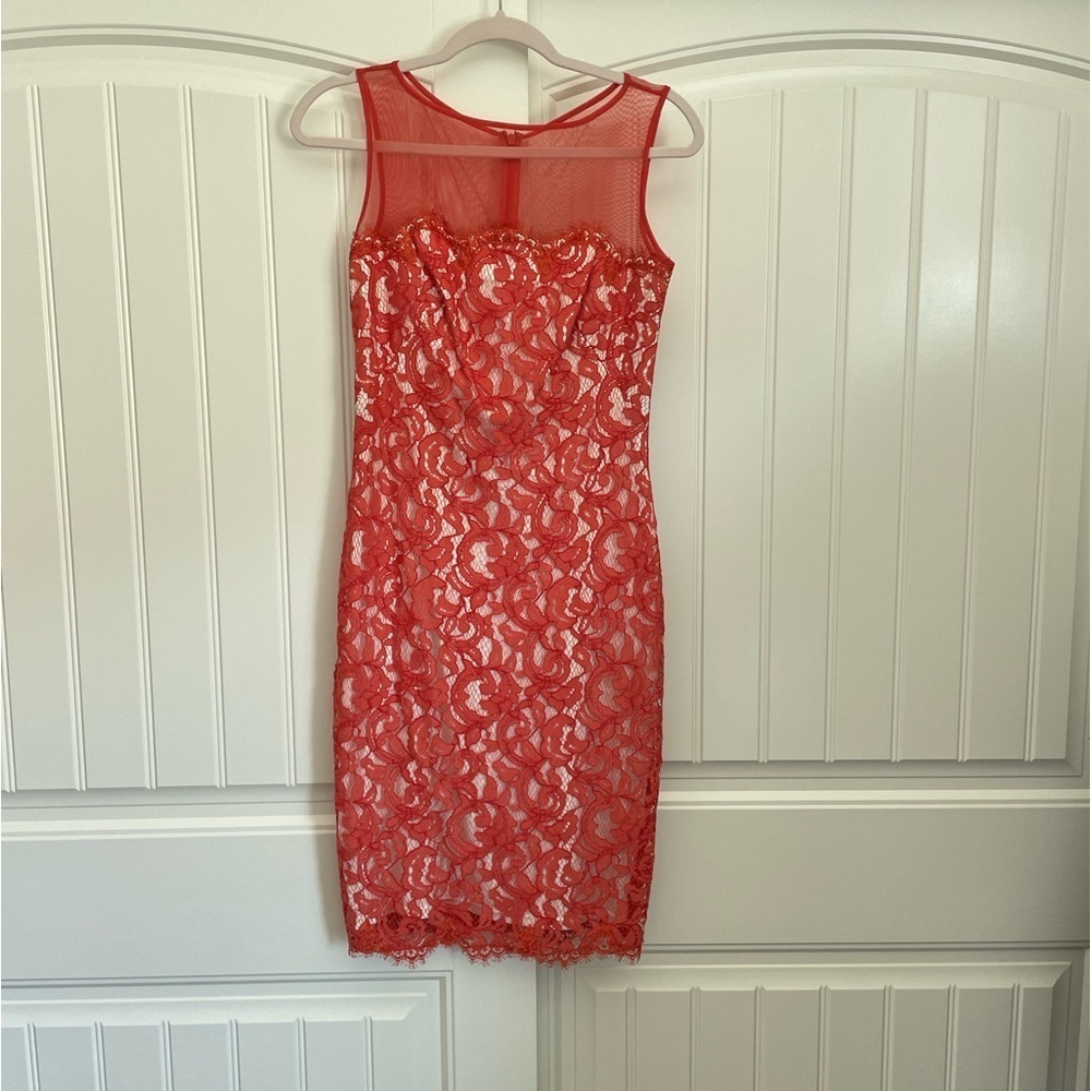Tadashi Shoji orange red illusion lace midi dress size 2